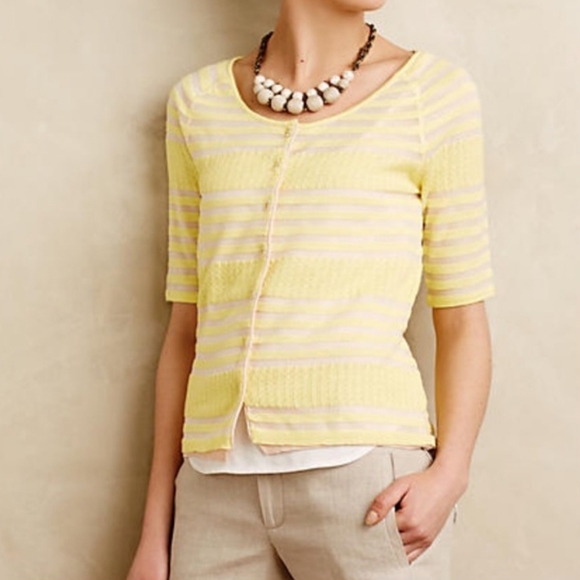 Anthropologie Moth Yellow Striped Button Front Ribbed Knit Cardigan Sweater - Picture 1 of 7